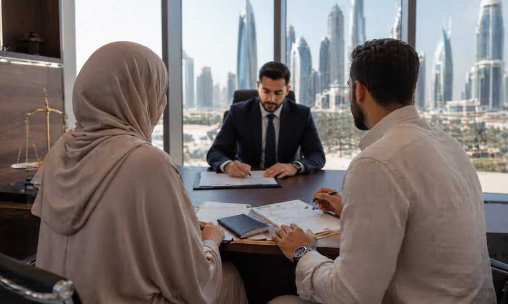 Muslim couple in UAE legal office reviewing marriage documents for civil or cross-border marriage options