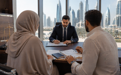 Muslim couple in UAE legal office reviewing marriage documents for civil or cross-border marriage options